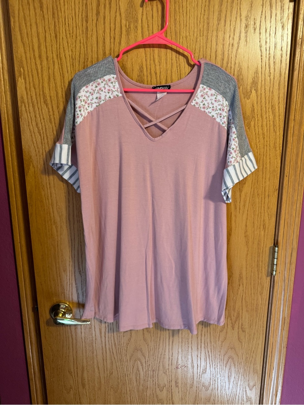 HEIMISH USA Pink Crisscross V-Neck Short Sleeve Top with Floral & Gray Accents
